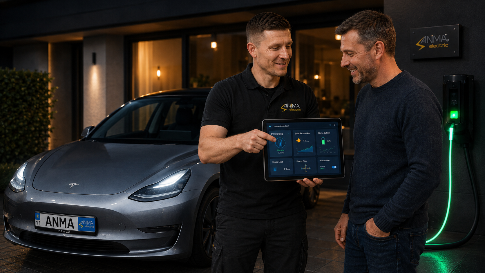 ANMAelectric показує клієнту сценарій зарядки Tesla та енергоменеджмент